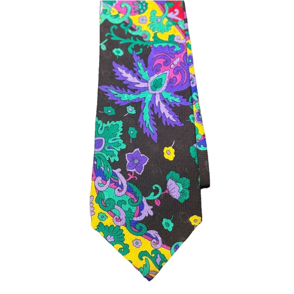 Vtg V2 Versace Mens Black Red Purple Floral Silk Tie 3.75" W Luxury Italy Retro - Picture 2 of 7